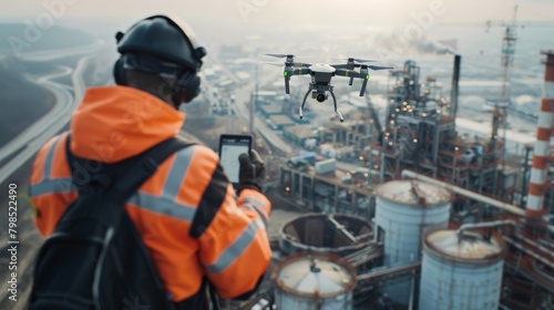 A drone operator captures aerial footage of an industrial site, controlling the flight remotely © Nicolas