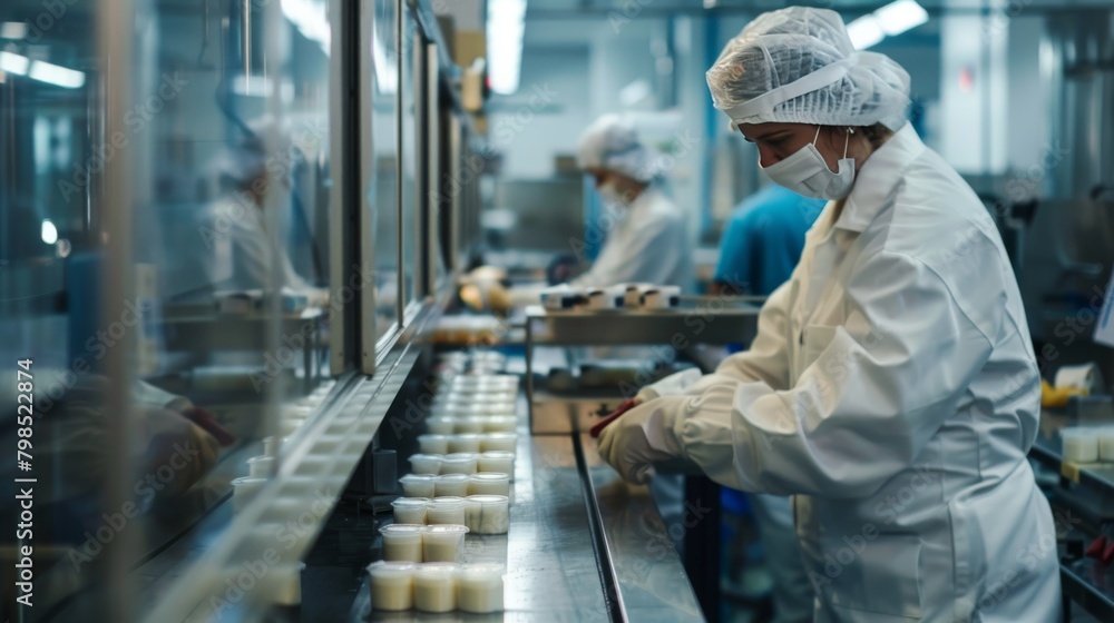 Factory workers oversee the production line, monitoring quality control in a manufacturing plant Factory workers oversee the production line, monitoring quality control in a manufacturing plant