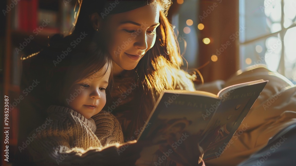 Mom and child sharing a peaceful moment, looking at a picture book together Mom and child sharing a peaceful moment, looking at a picture book together