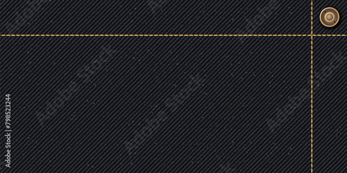 Denim jean textile pattern black color background with gold seams and brass buttons vector illustration.