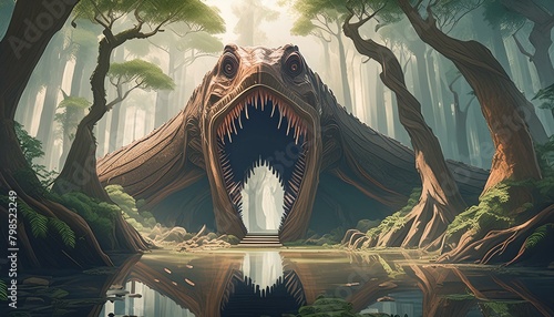 A kingdom entrance made in cave, entrance carved as a long, Giant mouth-wide-opened anaconda head(overall warm, brown and olive color texture) in the middle of sticky swamp. photo