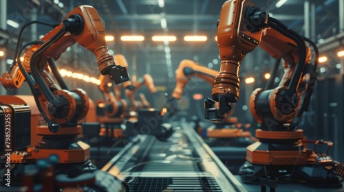Technicians repair and maintain robotic arms in an automated production line, showcasing technology photo