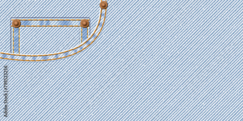 Denim blue jean faded condition textile pattern background with pocket, gold seams, crease and brass pins vector illustration.