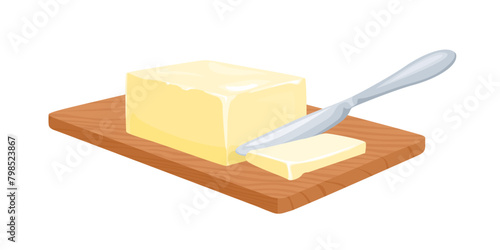 Butter on cutting board with knife isolated on white background. Vector cartoon illustration.