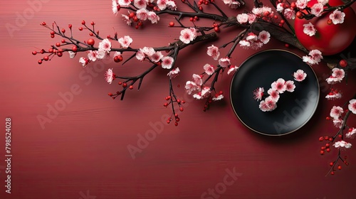 top view of chinese new year background with flower oranament and red background photo