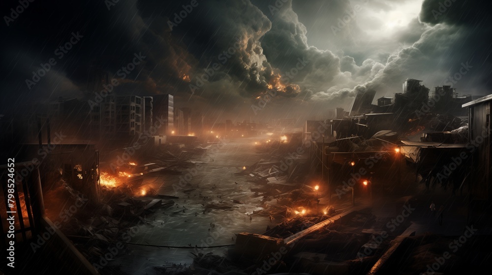 Intense depiction of a hurricane sweeping through a city, leaving destruction and debris in its wake, highlighting the chaos wrought by natural disasters.