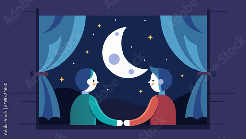 The moon shines through the curtains as two friends find solace in each others company during their late night pillow talk.. Vector illustration