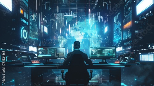 A cybernetic commander oversees a futuristic control room photo