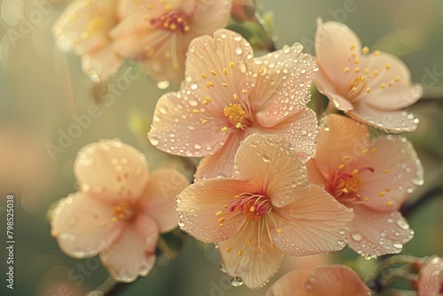 Peach Blooms Harmony: Vintage Nature Background with Flower Little Springs and Morning Dew Drops