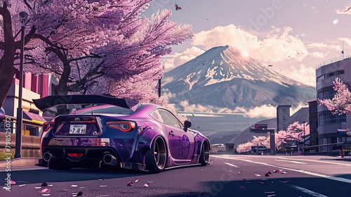 A purple sports car is parked on a street in a Japanese town. The street is lined with cherry trees, and there is a snow-capped mountain in the background. The car has a spoiler and a large wing on th
