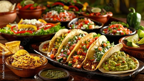 Indulge in the vibrant flavors of Mexican cuisine with a mouth watering spread of tacos zesty pico de gallo creamy guacamole warm corn tortillas and crispy nachos