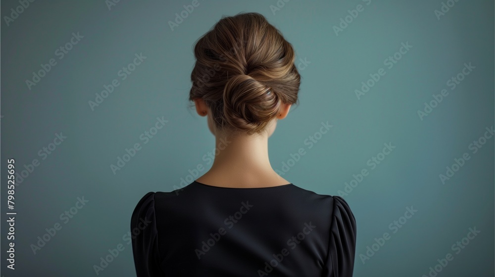 A beautiful woman with long brown hair, standing elegantly, gazing back, exuding charm and allure in a London studio portrait