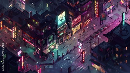 A pixelated俯瞰图of a city at night. The colors are bright and neon-like. There are cars on the road and buildings of varying heights.