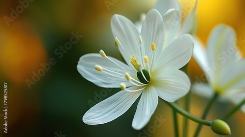 A close up of a white flower with yellow stamen. The flower is in focus and has a blurred background.  