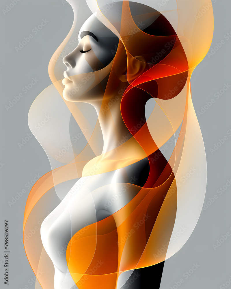 Naklejka premium A woman with a serene expression is surrounded by orange and white swirls