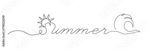 Vector drawing with one continuous line of sun, sea wave and Summer lettering. Concept for illustration, logo, background, banner. Modern design of summer vacation continuous line. Vector illustration
