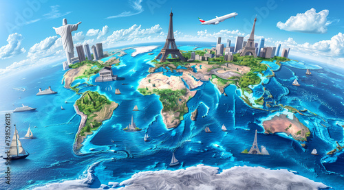 Fototapeta Naklejka Na Ścianę i Meble -  A world map depicts famous landmarks from around the globe