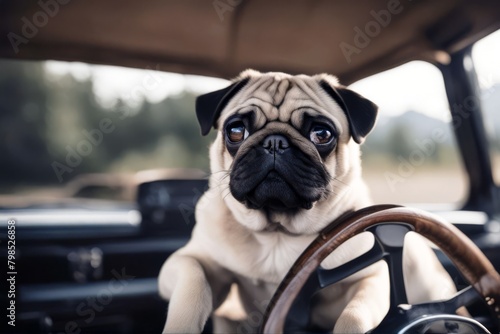  pug driving dog animal cute pet puppy breed canino isolated portrait bulldog white adorable small sad face purebred friends tongue christmas black 