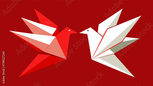 A pair of origami doves one in bright red and the other in crisp white symbolizing peace and freedom.. Vector illustration