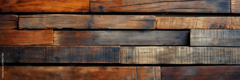 Naklejka premium Rustic multitone wooden plank wall. High-resolution texture for graphic design, architectural visualization, or background.