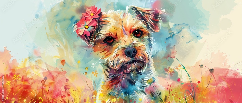 Hand drawn watercolor of a charming dog with flowers on its head, in a field, bright pastels, serene and vibrant - obrazy, fototapety, plakaty 