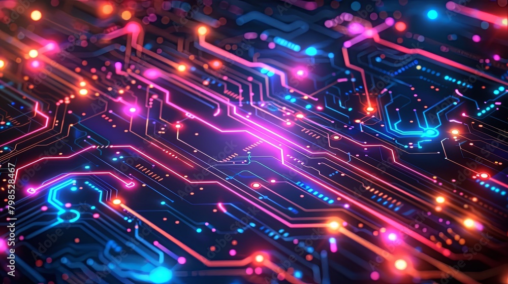 Vibrant digital circuit board with glowing neon lights and connection lines. Vibrant digital circuit board with glowing neon lights and connection lines.