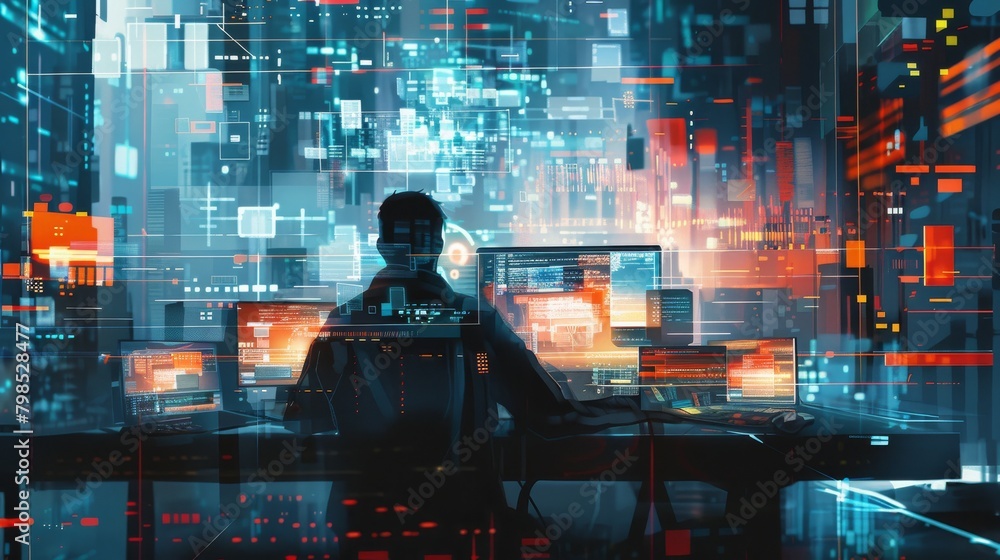 A cyberpunk hacker immersed in a neon lit digital landscape