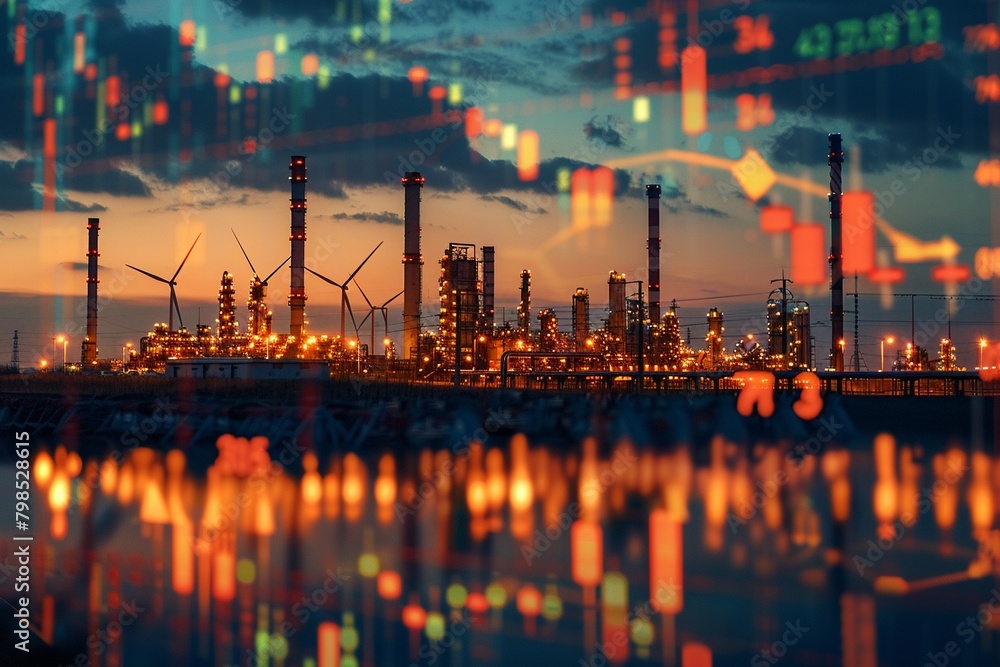 Oil refinery contrasted with a wind farm, with stock charts showing the performance of both industries, Representing the competition between traditional and renewable energy sources Oil refinery contrasted with a wind farm, with stock charts showing the performance of both industries, Representing the competition between traditional and renewable energy sources