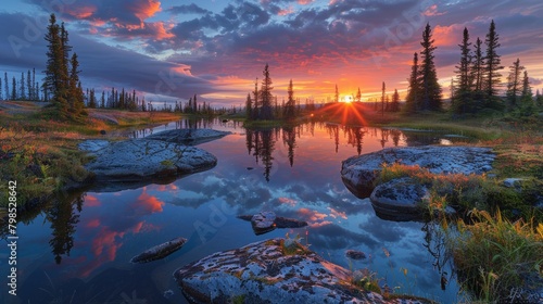 Thawing Canadian Tundra: Small Lakes Reflecting Vivid Sunset in Arctic Landscape