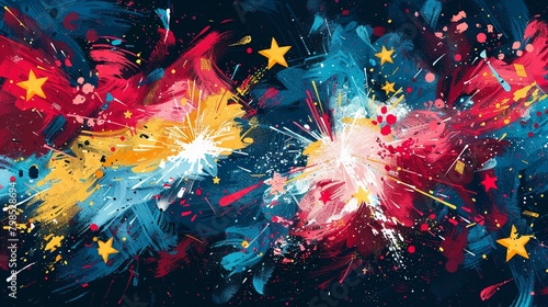 Pop Art Fireworks  Fireworks and flag elements in a bold  graphic style with bright colors