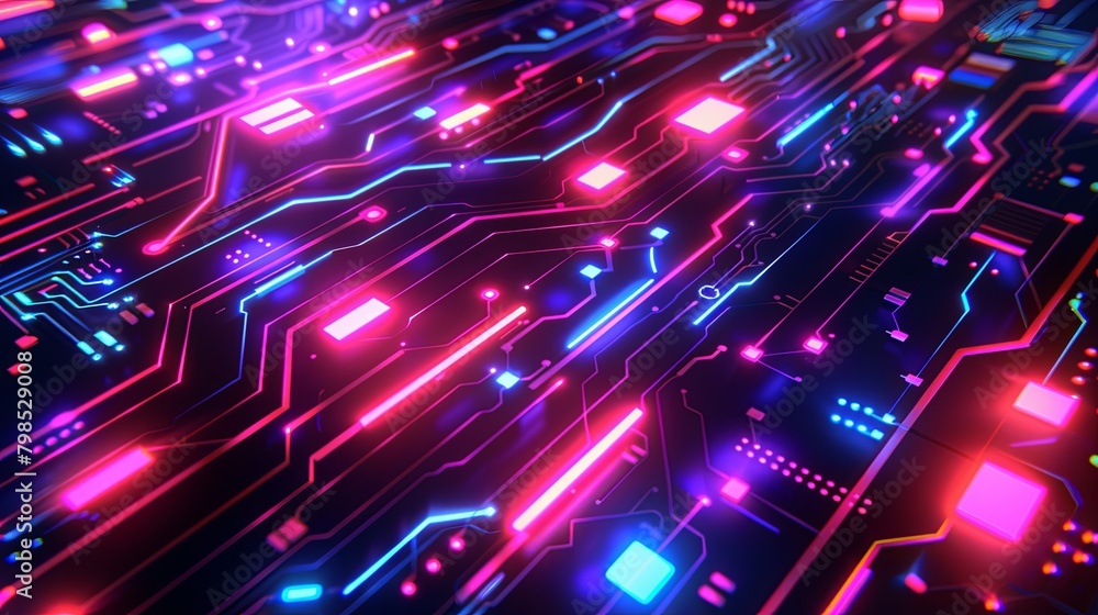 Vibrant digital circuit board with glowing neon lights and connection lines. Vibrant digital circuit board with glowing neon lights and connection lines.