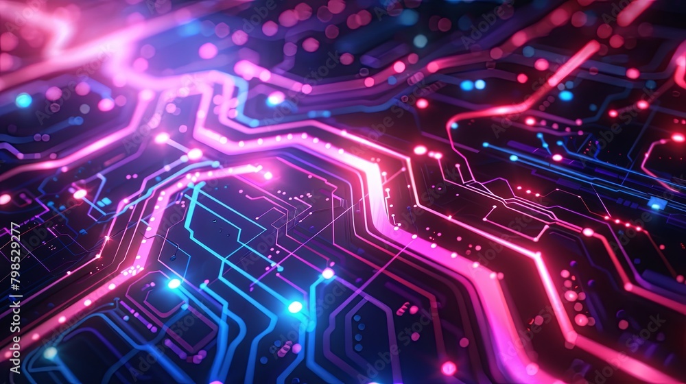 Obraz premium Vibrant digital circuit board with glowing neon lights and connection lines.