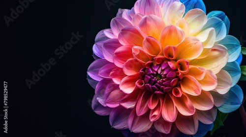 The image is of a rainbow dahlia flower in full bloom against a black background.   © Awais