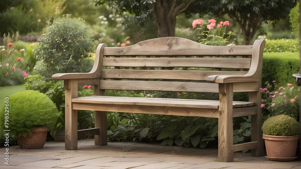  A rustic wooden bench nestled in a serene garden setting
