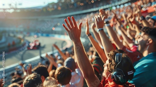 Close-up of enthusiastic spectators at a motorsport event, cheering and waving as their favorite driver passes by in a blur of speed photo