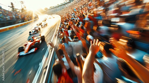 Close-up of enthusiastic spectators at a motorsport event, cheering and waving as their favorite driver passes by in a blur of speed photo