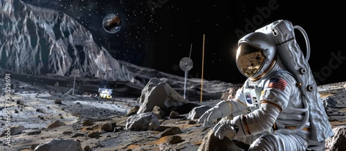 Science concept. Astronaut landing on the moon with a galaxy sky view in the background