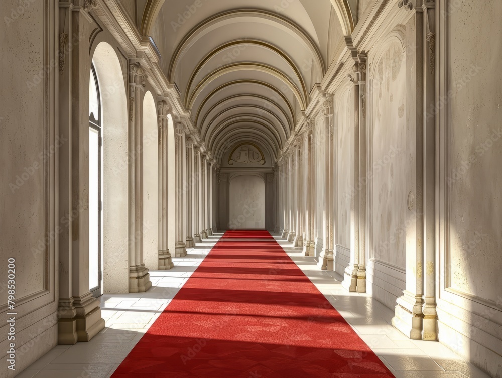 Interior, long hallway with red carpet in an old palace 