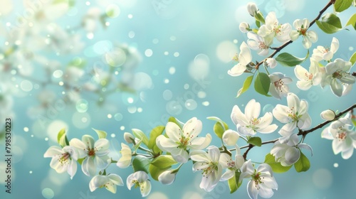 Cherry blossoms are in full bloom. Wallpaper.Horizontal banner with white cherry flowers on a blue background