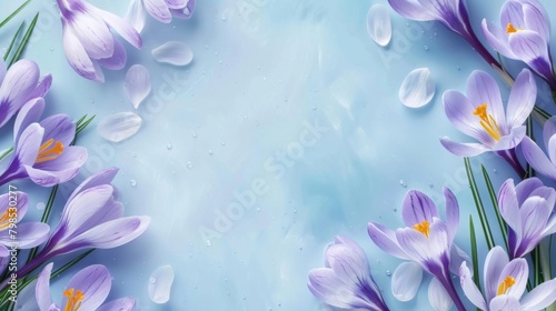 Beautiful flowers, Crocus vernus, Crocus, Iris family, petals on a blue gradient background with space for text. Floral banner with purple crocus on blue background. Top view, flat lay.