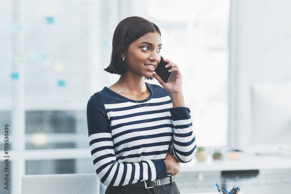 Business student, phone call and office talk with web design learning and conversation. Networking, young woman and startup with digital designer work and communication with technology at internship