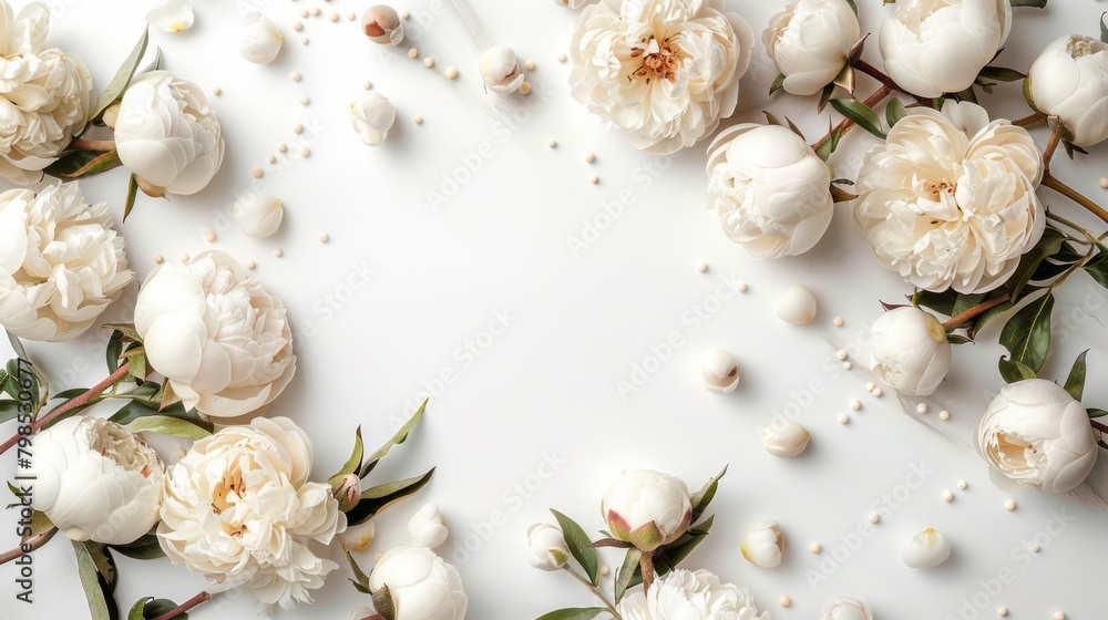 Fresh white peony flowers and beads on a white background. Blank space for emotional, sentimental text, quote or sayings. Close-up. Fresh white peony flowers and beads on a white background. Blank space for emotional, sentimental text, quote or sayings. Close-up.