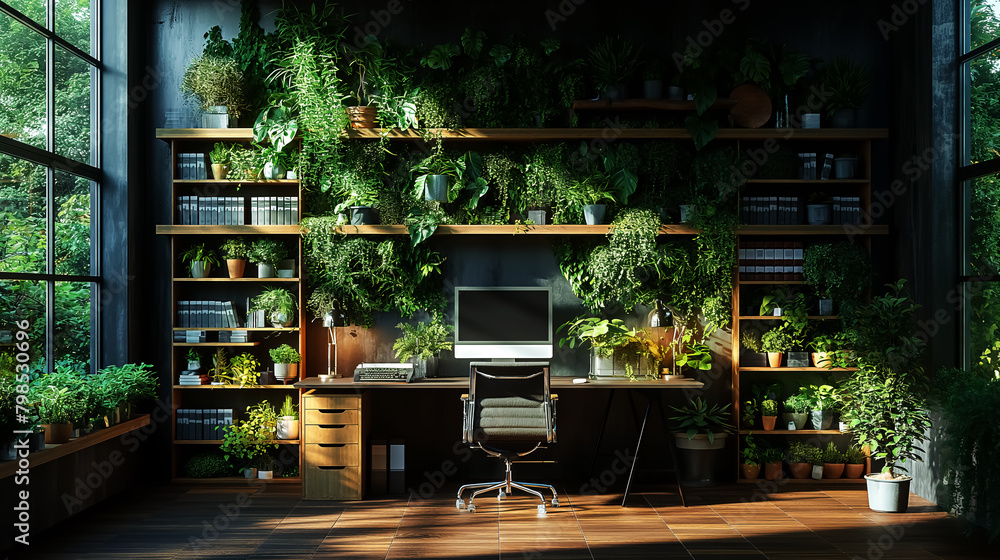 Fototapeta premium green ecology office interior concept. Wall Art Design for Home Decor, 4K Wallpaper and Background for desktop, laptop, Computer, Tablet, Mobile Cell Phone, Smartphone, Cellphone