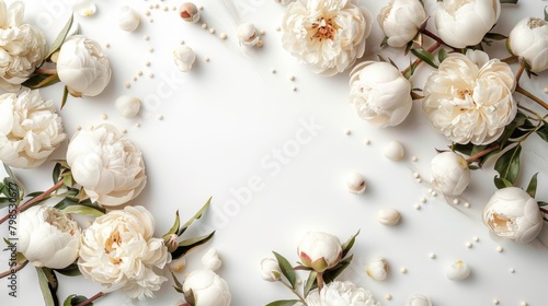 Fresh white peony flowers and beads on a white background. Blank space for emotional, sentimental text, quote or sayings. Close-up.