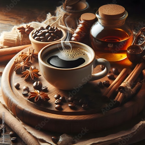 A coffee cup with hot coffee on a dark brown wooden board and steam rising from it 