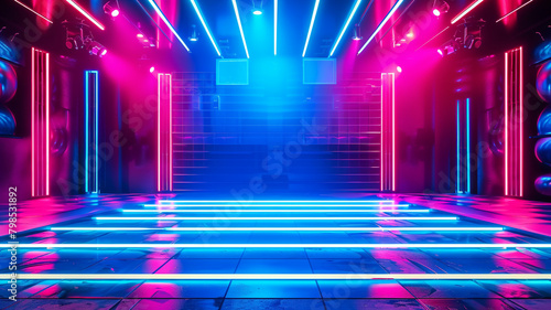 A neon-lit dance floor pulsating with energy against a backdrop of rich blue and pink hues  setting the stage for a night of revelry