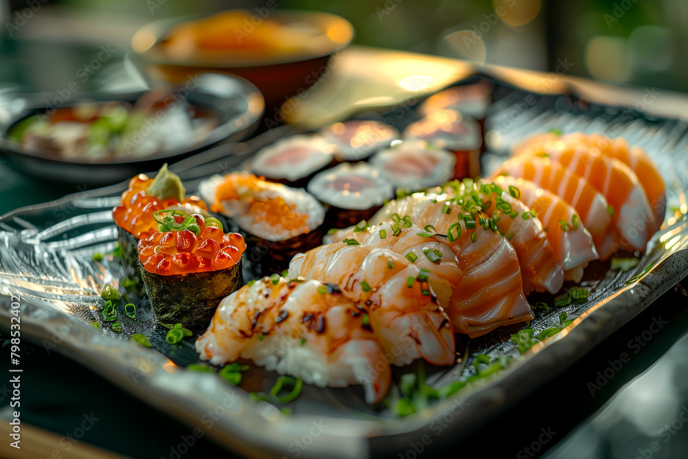 A plate of sushi with a variety of different types of sushi on it A plate of sushi with a variety of different types of sushi on it