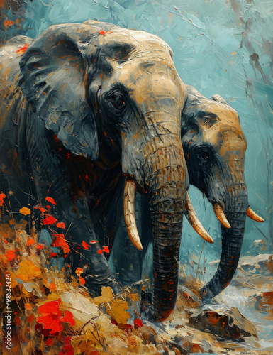 African Elephants in Autumnal Setting  