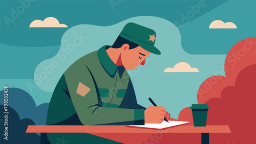 A soldier takes a moment during a break in training to write to his parents far from home but feeling close through their letters.. Vector illustration