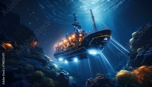 Caption: The Deep Explorer research vessel descending into the darkness of the Mariana Trench, illuminated by bioluminescent creatures. photo